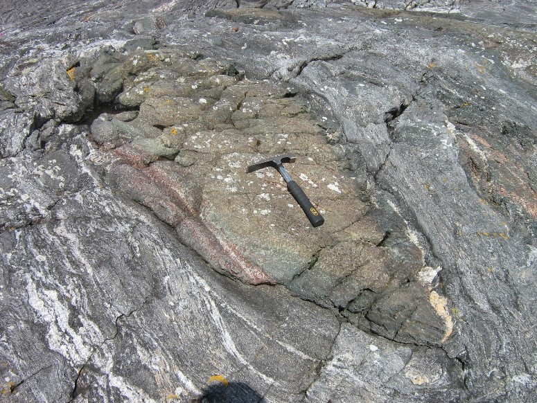 Eclogite lens showing its retrograde zone in dark grey next to the host gneiss.