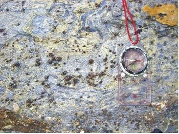 Blue schist with glaucophane, epidote and garnet from the island of Groix (Brittany, France). © C. François